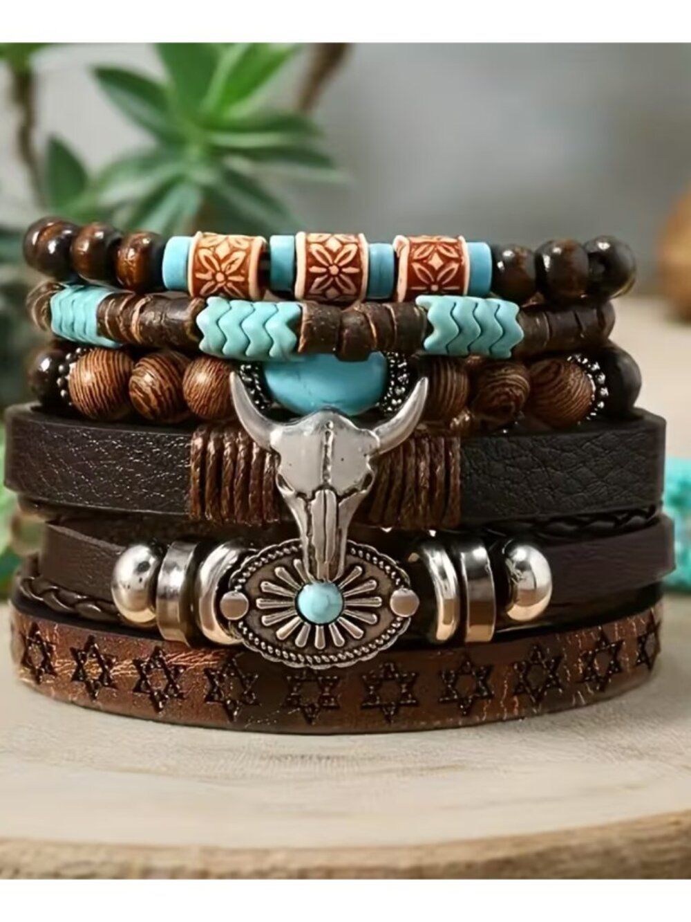 NWT Western Bull Skull Wood Bead Stacking Bracelet Set 6pcs Unisex Boho Style